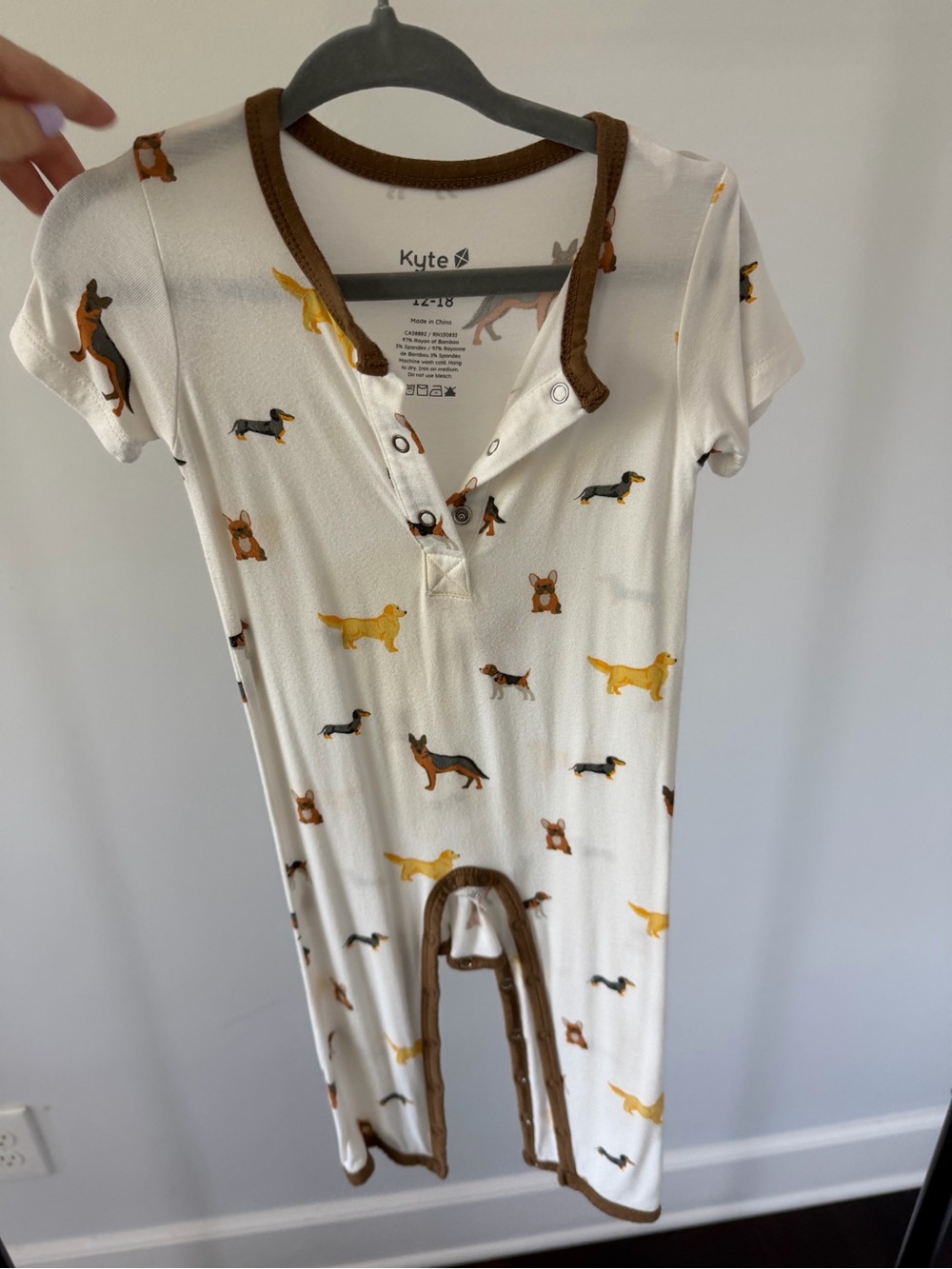 Kyte BABY Cream Dog Print Footie with Brown Trim